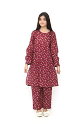 Plum Premium Khaddar Maroon Colour Printed Yellow White Green Flowers On 2 pc Stitched suit For Girls